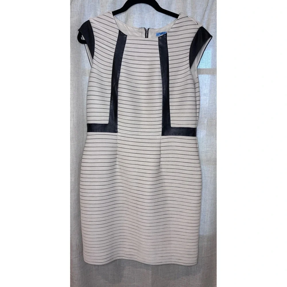 Antonio Melani‎ Striped Faux Leather Trim Sheath Dress Cream Black Size 12